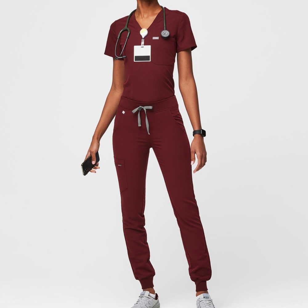 FIGS 2 PIECE BURGUNDY SCRUBS SET CATARINA ONE POCKET TOP & ZAMORA JOGGER
